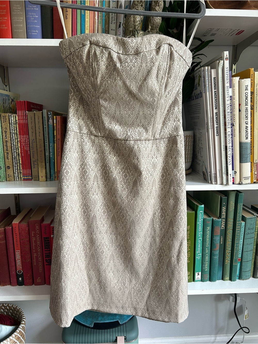 White House Black Market Strapless Beige Jacquard Dress